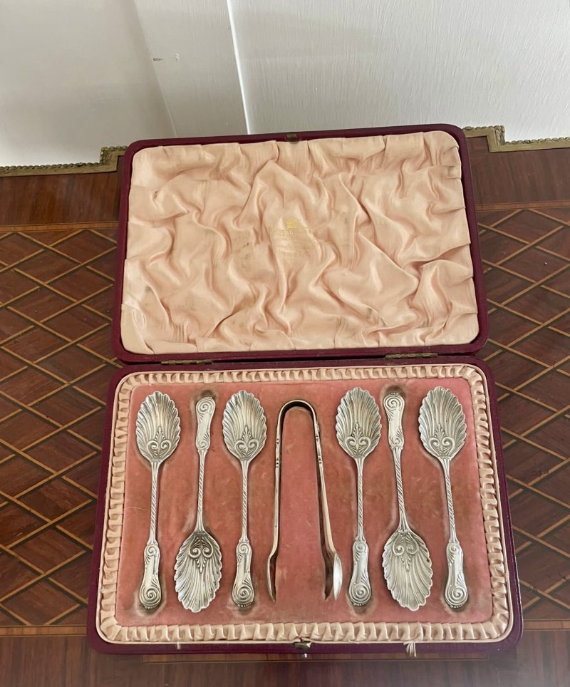 Set of Quality Antique Victorian Solid Silver Spoons and Sugar Tongs